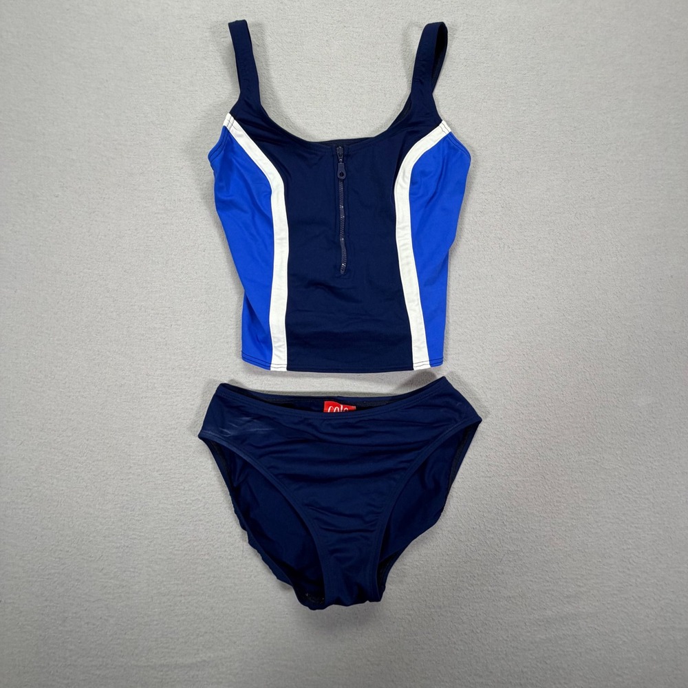 Cole of California Tankini Swimsuit Women Size 8 Good Blue Colorblock Zip Front